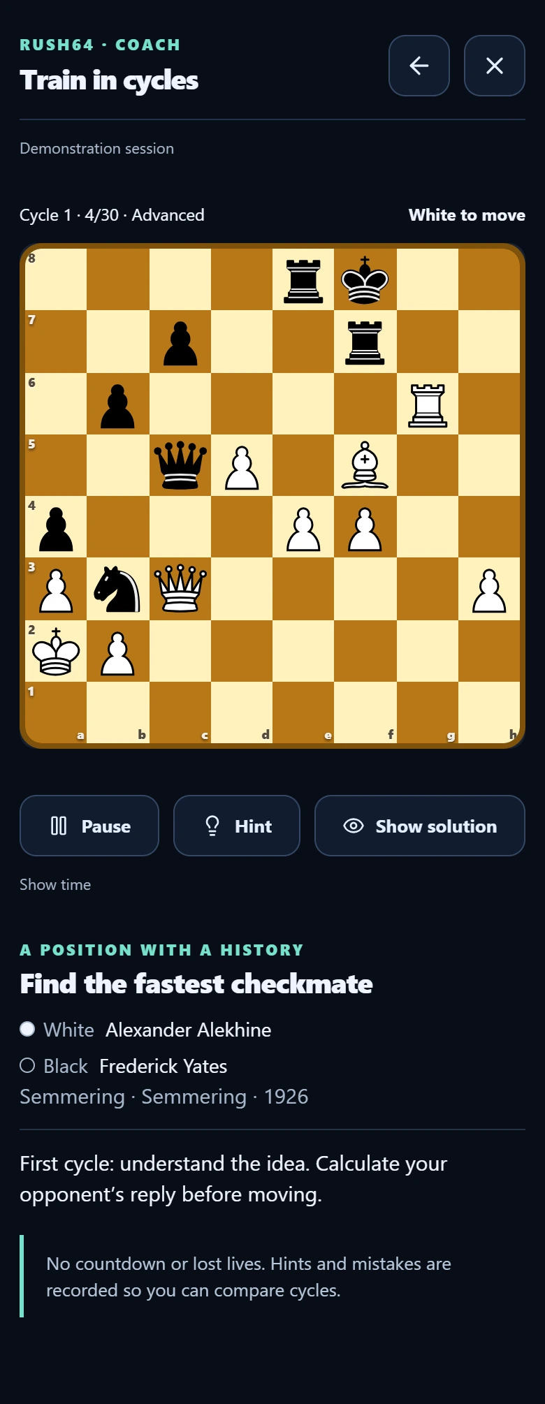 Cycle training demonstration: Alekhine versus Yates, Semmering 1926. Use the controls to pause or play the moves.