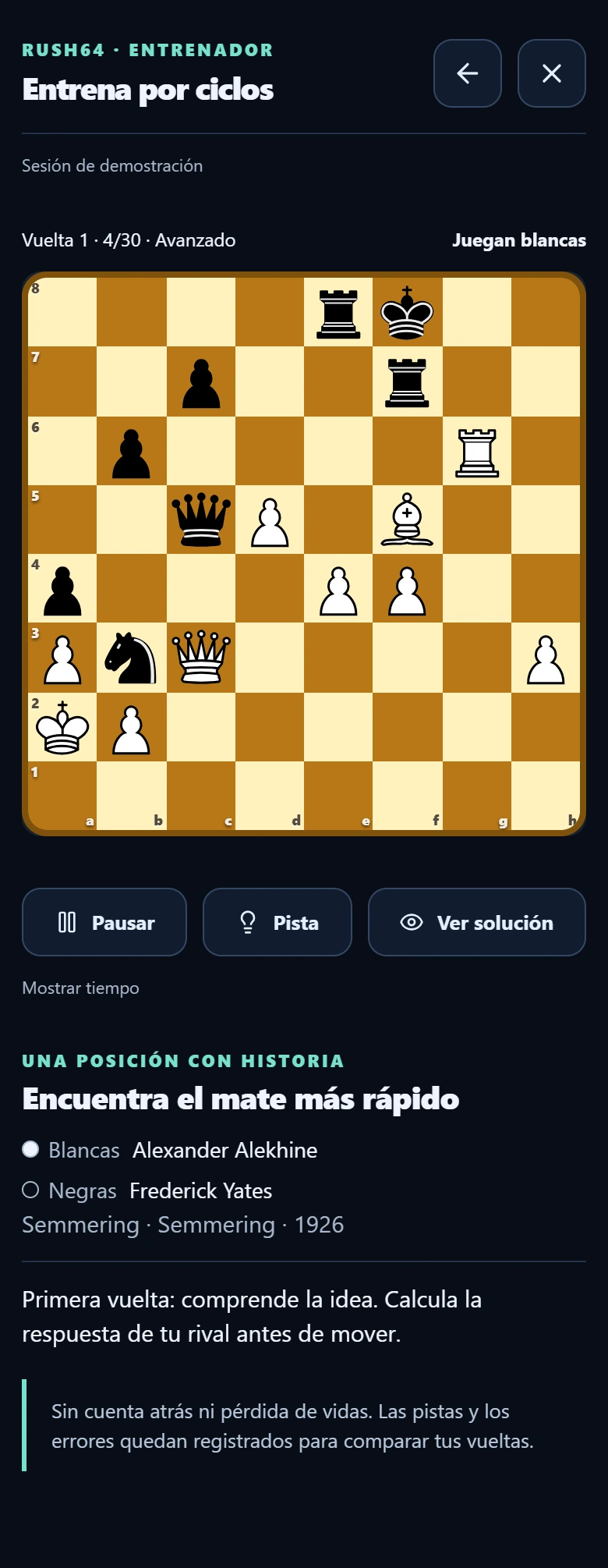 Demostración de entrenamiento por ciclos: Alekhine contra Yates, Semmering 1926. Usa los controles para pausar o reproducir los movimientos.