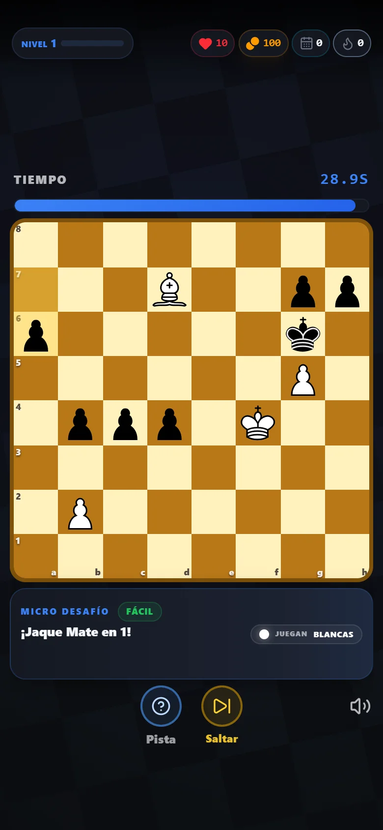 Puzle real de Rush64 Chess sobre un tablero de escaques dorados