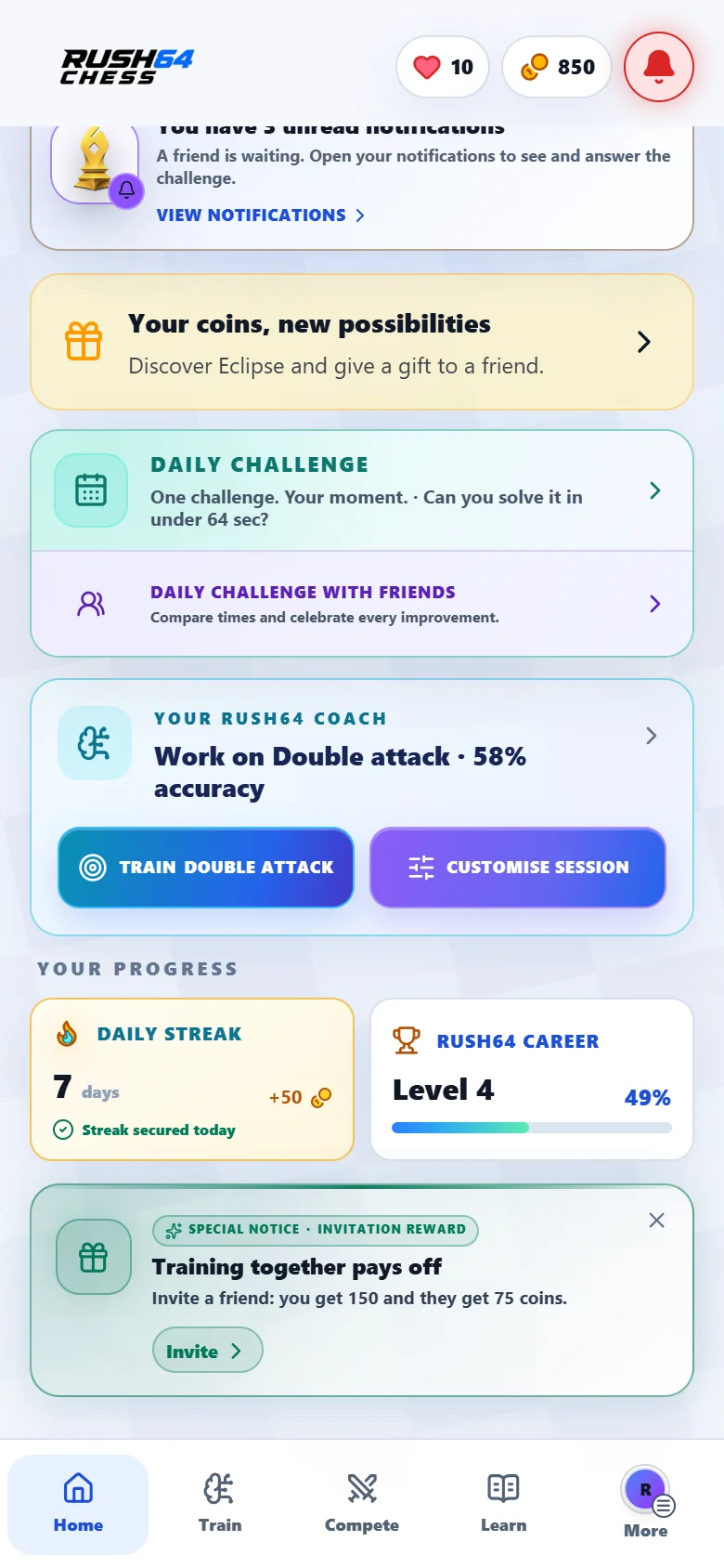 Lower part of Rush64 Chess home showing coach, streak and career; demonstration data