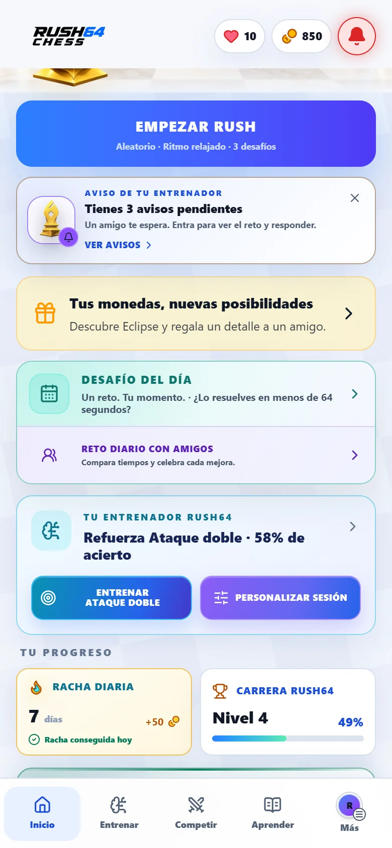 Parte inferior del inicio de Rush64 Chess con entrenador, racha y carrera; datos de demostración
