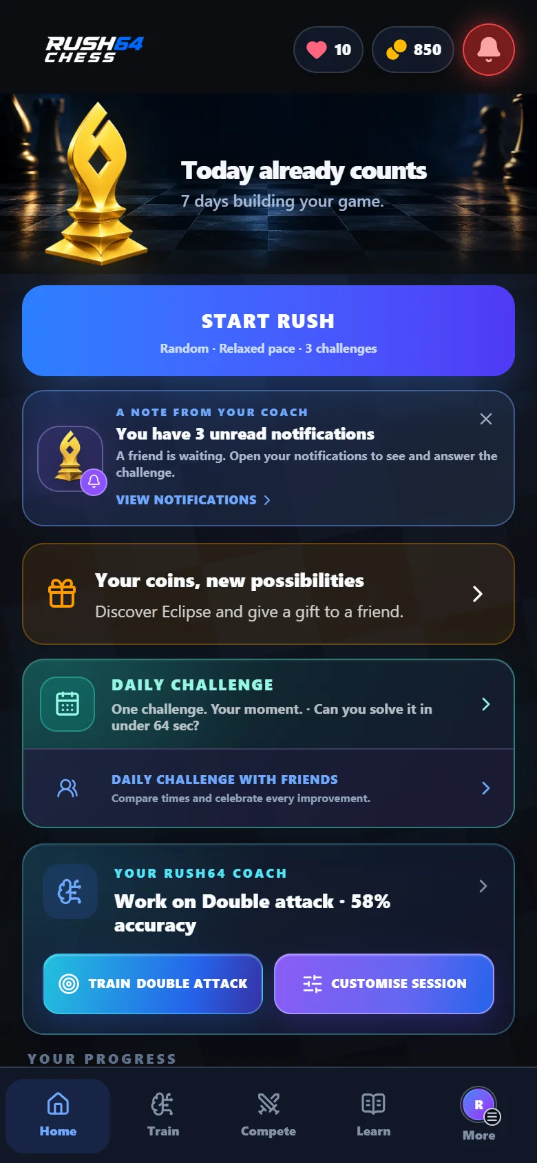 Rush64 Chess home with play, notifications and daily challenge; demonstration account