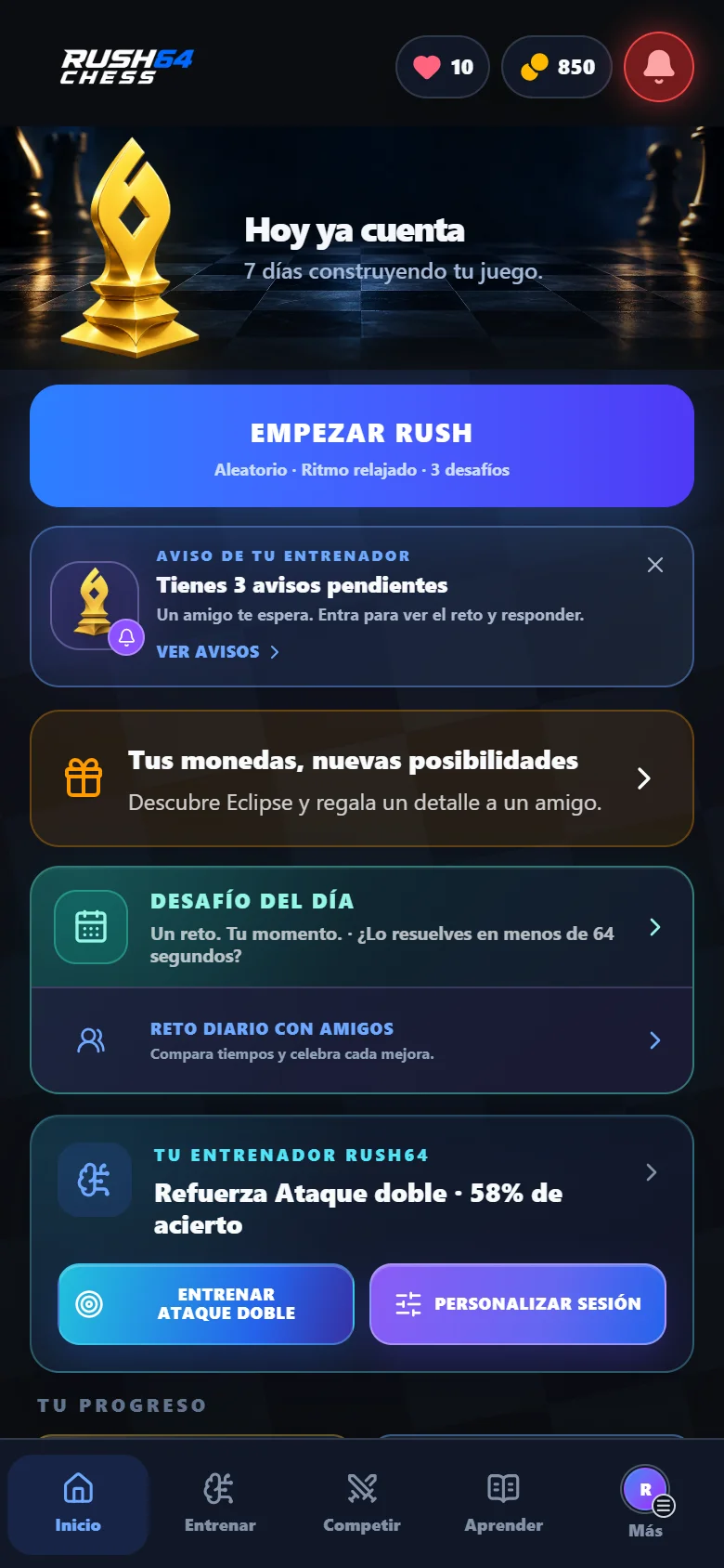 Inicio de Rush64 Chess con jugar, avisos y desafío diario; cuenta de demostración